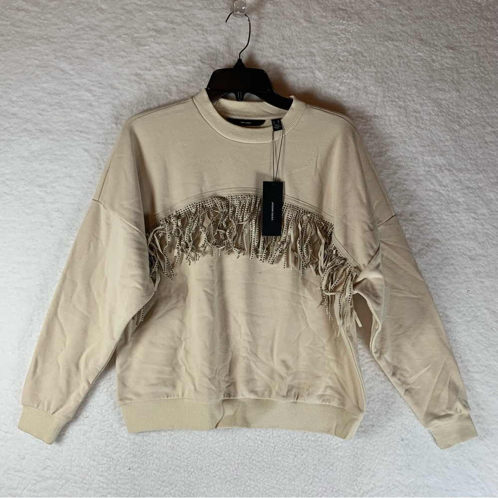 Vero Moda Sweater Kaidyn Rhinestone Fringe Beige Sweatshirt Size XS NEW NWT 5836